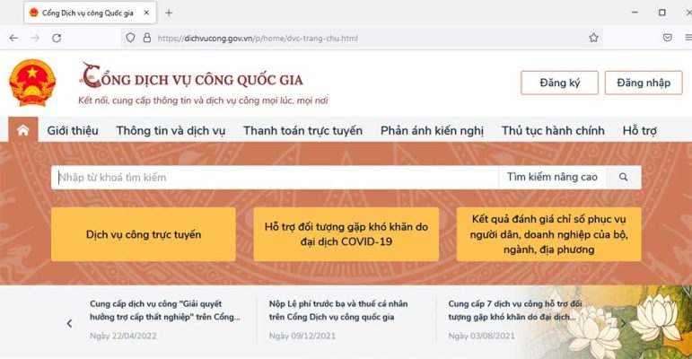 Giao diện trang chủ website Cổng dịch vụ Công quốc gia
